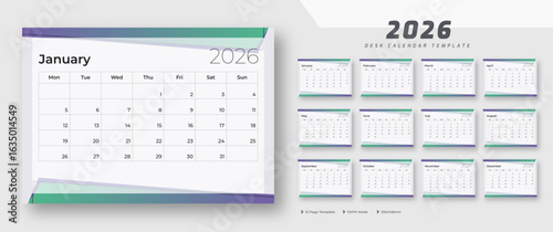 Desk calendar 2026 template | corporate desk calendar schedule 2026 monthly 12-page planner layout | week starts on Monday