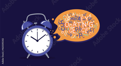 Conceptual alarm clock illustration displaying a wordy speech bubble signifying time management