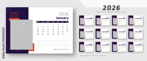 Desk calendar 2026 template | corporate desk calendar schedule 2026 monthly 12-page planner layout | week starts on Monday