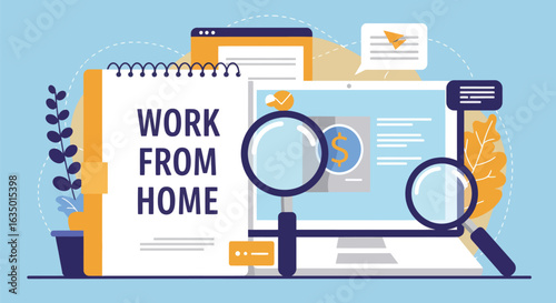 Conceptual flat illustration portraying remote work dynamics and digital strategies for business
