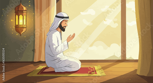 Contemplative serene scene of a muslim man in prayer illuminated by sunlight and lantern glow