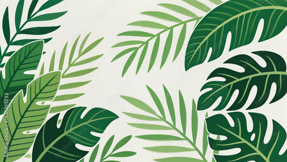 Fototapeta premium Lush green leaves form a vibrant tropical backdrop