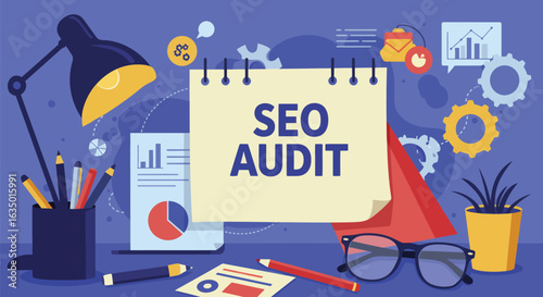 Detailed seo audit concept with workstation and analytical tools vector illustration