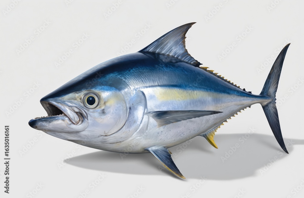 Naklejka premium Whole raw tuna fish isolated on white background. Blue and silver saltwater fish, thunnus thynnus, seafood ingredient ready for cooking. Healthy ocean delicacy, prime market catch.