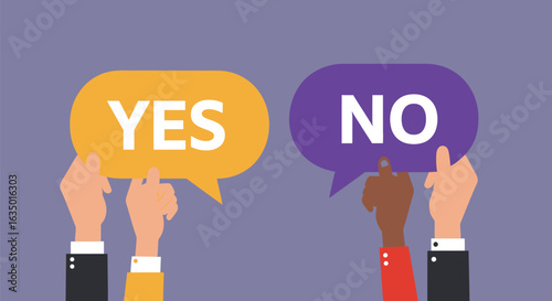 Diverse viewpoints displayed through affirmative and negative speech bubbles held up by hands