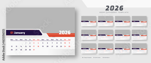 Desk calendar 2026 template | corporate desk calendar schedule 2026 monthly 12-page planner layout | week starts on Monday