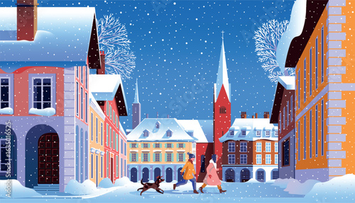 Winter urban European cityscape with playing children, traditional houses and churches under snow. Trendy handmade drawing vector illustration. Can be used for Christmas gifts, decorations etc.