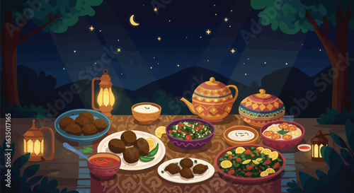 Enchanting Iftar Feast Under Starlit Skies: A Traditional Middle Eastern Meal