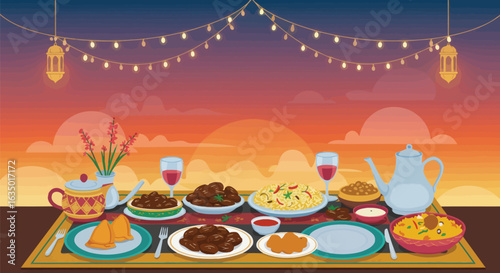 Enchanting iftar gathering illustration showcases diverse delicacies under glowing lanterns and a