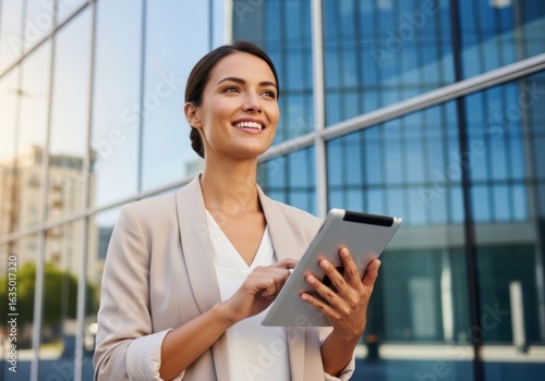 Smiling businesswoman using tablet computer in front of office building