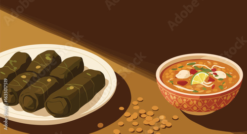 Exquisite middle eastern delicacies: Grape leaves with savory lentil soup presented in harmonic