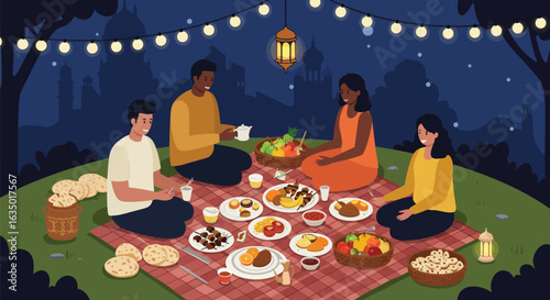Festive evening gathering under glowing lanterns sharing delicious food in serene ambiance