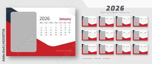 Desk calendar 2026 template | corporate desk calendar schedule 2026 monthly 12-page planner layout | week starts on Monday