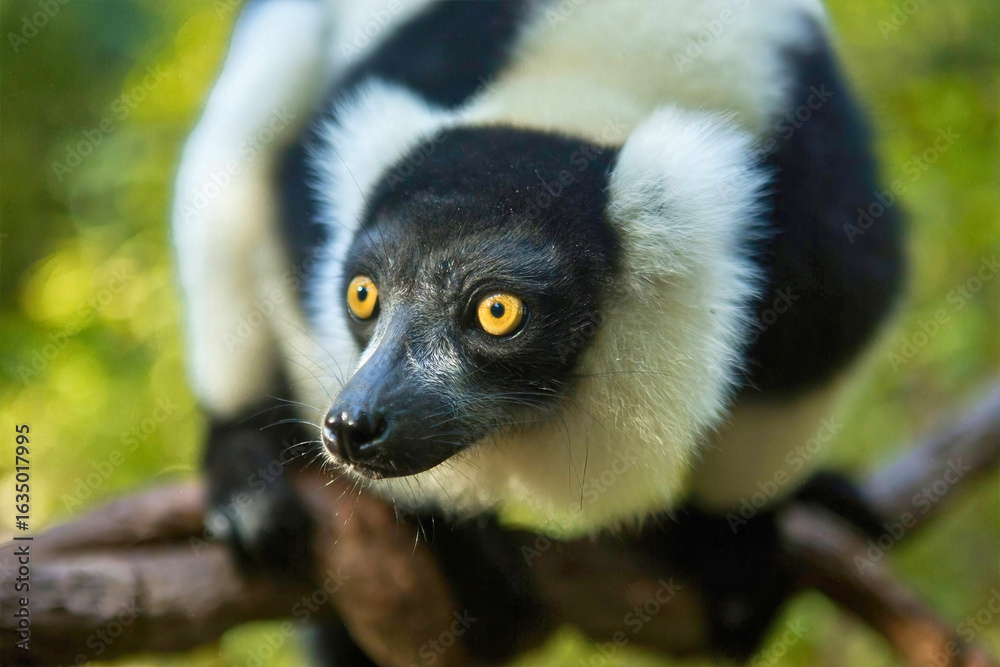 Obraz premium Black-and-White Ruffed Lemur on Branch
