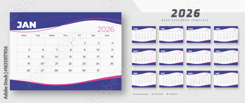 Desk calendar 2026 template | corporate desk calendar schedule 2026 monthly 12-page planner layout | week starts on Monday