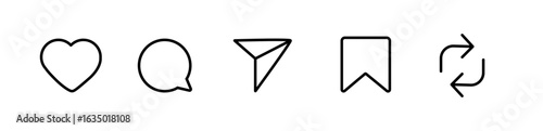 Like, Repost, comment share save vector icon set. Site navigation symbol. Social media web linear sign
