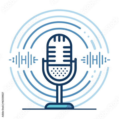 Blue microphone with sound waves and equalizer audio