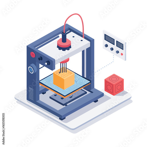 3 D printer creating an orange cube on a blue grid
