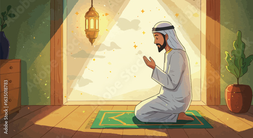 Illustration of a man in traditional attire praying indoors during a peaceful moment, bathed in