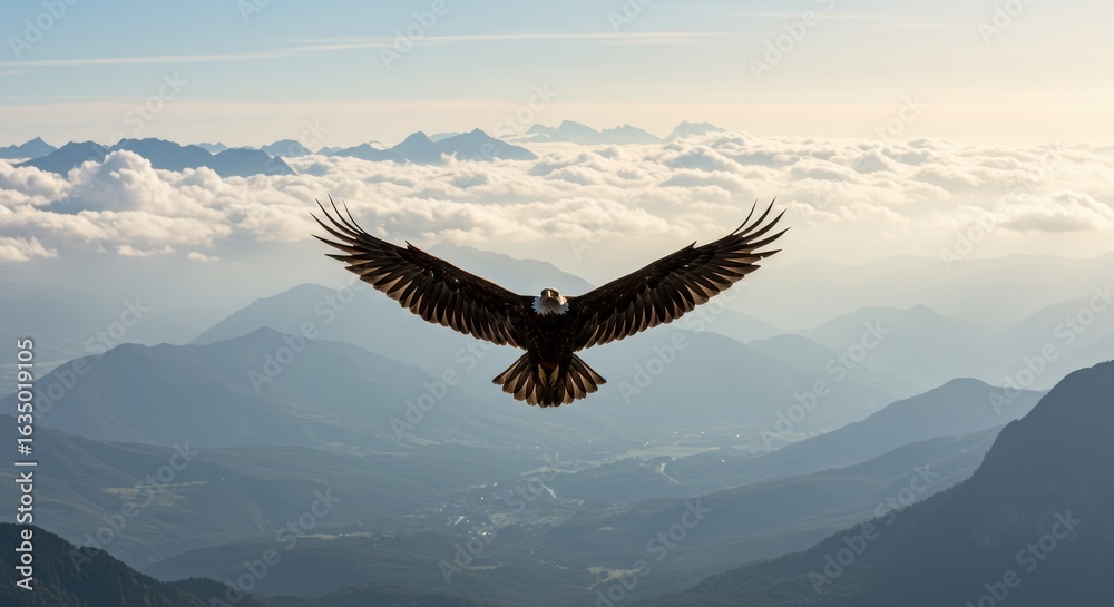 Fototapeta premium Sovereign Wings: Bald Eagle Gliding Above a Mountainous Cloudscape