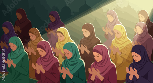 Illustrative depiction of a group of women in hijabs engaged in spiritual practice