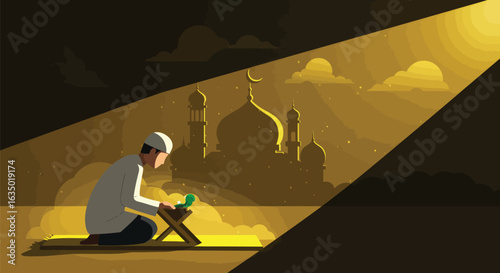 Illustrative depiction of a man reading the quran against a mosque backdrop bathed in golden light