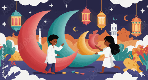 Illustrative Eid al-Fitr Celebration Scene with Children Playing Amongst Colorful Crescents and