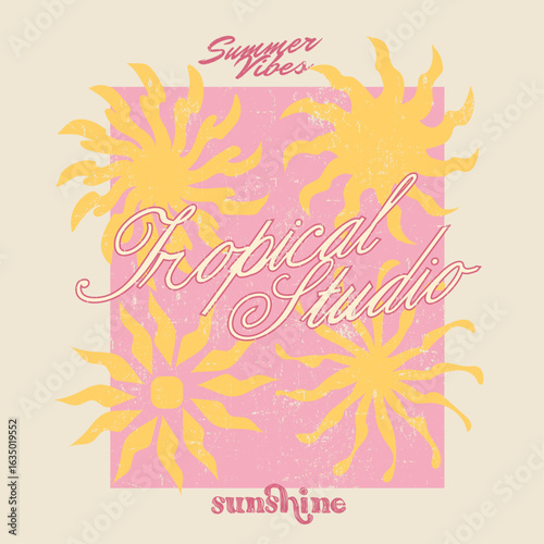 vintage sun graphic design. Sunshine graphic print design. Sunset beach t-shirt.  women's summer print artwork. Beach wave artwork. under sun  waves vector prints