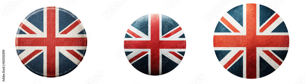 Obraz premium Three round british union jack flag icons, isolated on transparent background