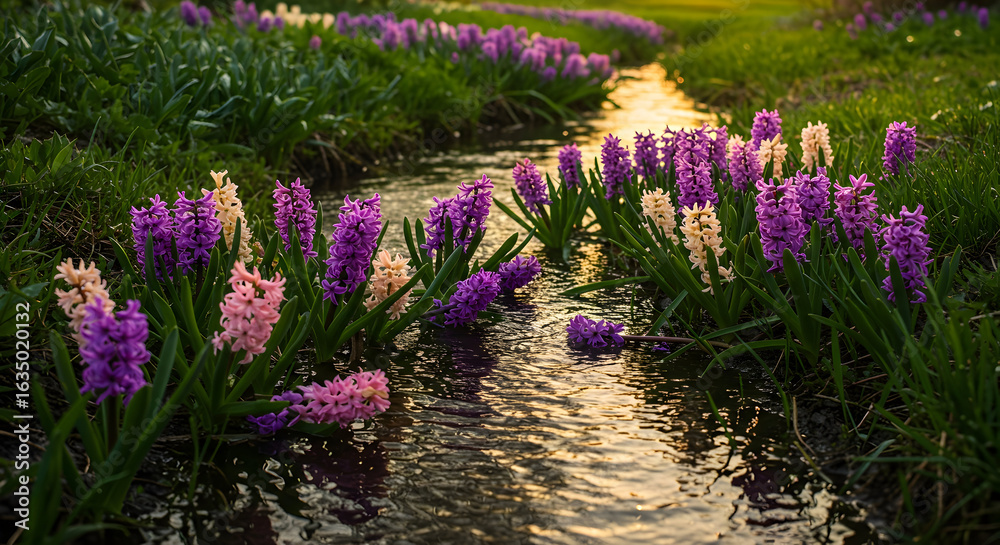Obraz premium Mixed-color Hyacinth scattered on a rippling stream, with vibrant golden hour light. Lush and aromatic