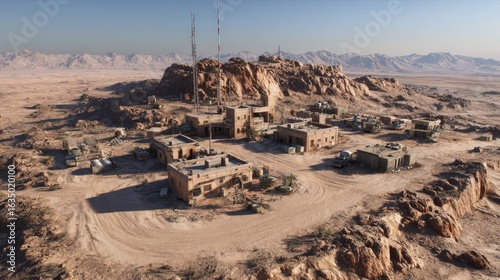 Strategic military base located in remote desert terrain with tactical operations facilities