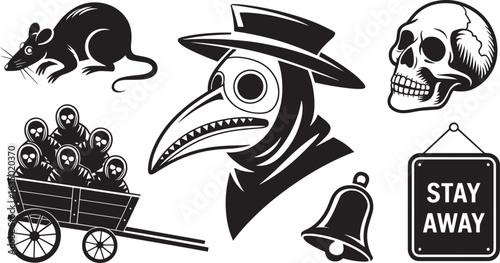 Black Death Vector Illustration A Grim Depiction of the Plague Era with Rats, Skulls, and Plague Doctor