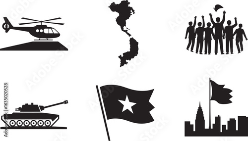 Conflict and Nation Icons Set Black Silhouette on Transparent Background - War, Country, Society