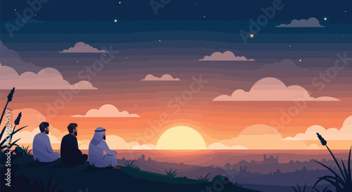 Men contemplating the horizon under a twilight sky, seeking serenity and wisdom, embracing the