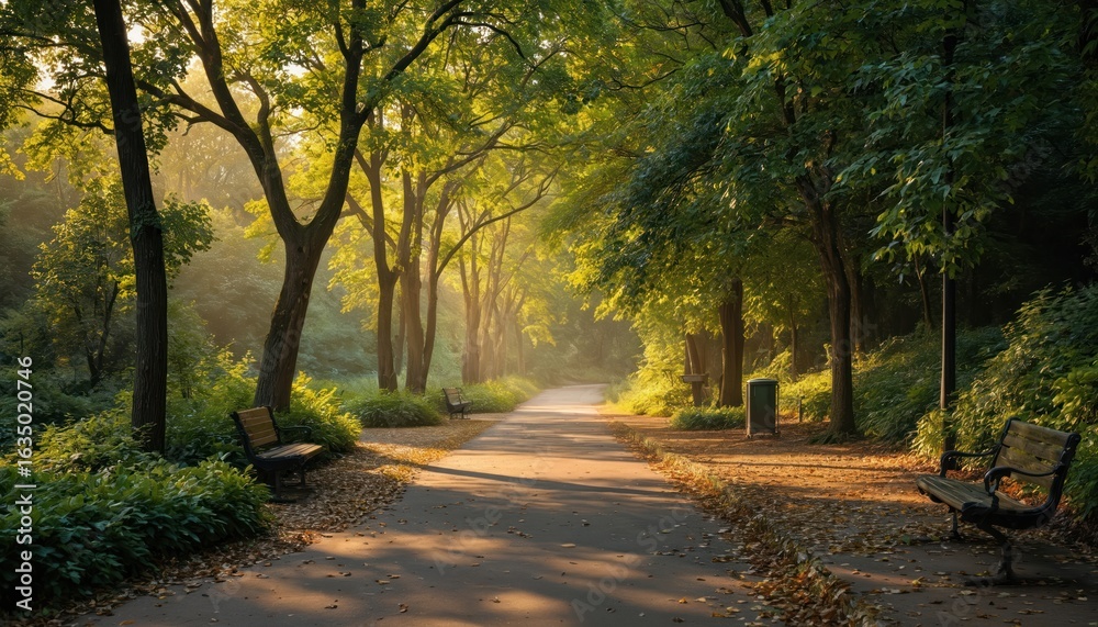 Naklejka premium Tranquil park pathway lined with green trees, foliage. Sunlight filters through branches, illuminating benches, clean waste bin. Serene urban landscape invites peaceful relaxation, enjoyment of