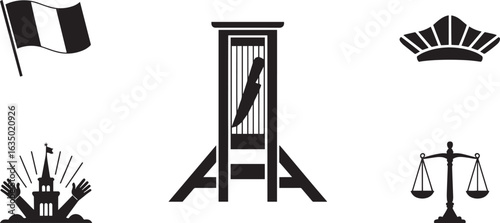 French Revolution Era Icons Set Silhouette Illustration Featuring Guillotine Scales and Flag