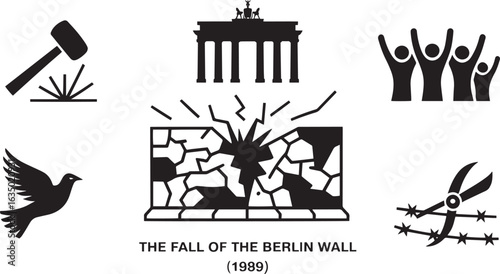 Fall of the Berlin Wall Icons Set Hammer Brandenburg Gate People Dove Broken Wall Scissors