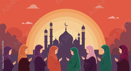 Muslim women in colorful hijabs praying with mosque silhouette at sunset vector illustration
