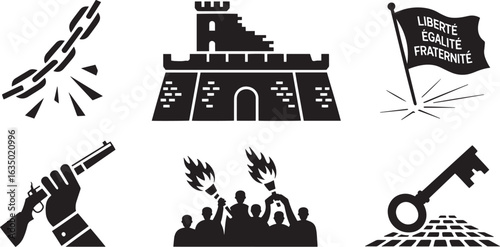 French Revolution Symbols Set Breaking Chains Bastille Flag Gun Torch Key on Transparent Background