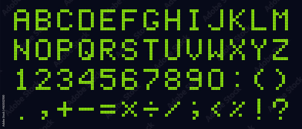 Green Digital Dotted Font Letters, Electronic Alphabet, retro text symbols, monitor characters, and scoreboard digits. Vector EPS 10
