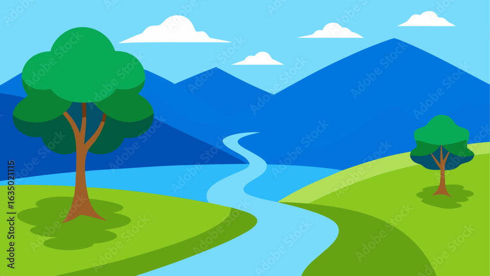 Fototapeta premium Stylized landscape with river and mountains