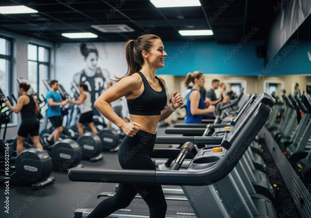 Fototapeta premium Fit woman running on treadmill in gym for cardio workout and fitness