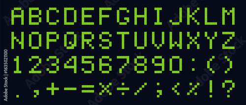 Green Digital Dotted Font Letters, Electronic Alphabet, retro text symbols, monitor characters, and scoreboard digits. Vector EPS 10