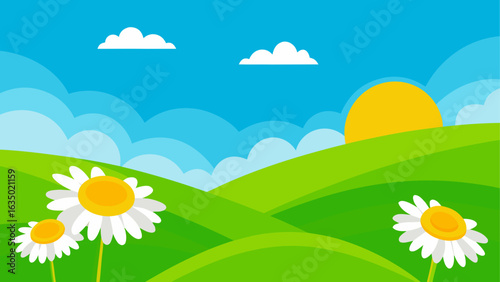 Sunny meadow with daisies and rolling hills
