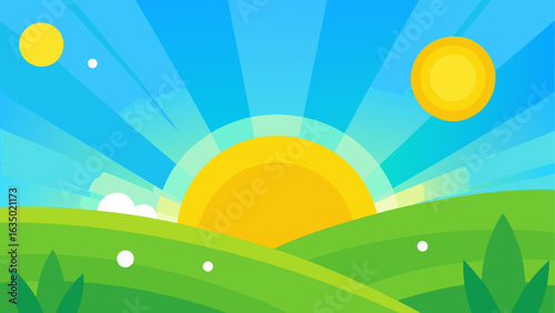 Bright sunny day over rolling green hills