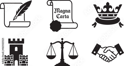 Historical Justice Icon Set Law and Order Legal System Governance Rights and Responsibilities