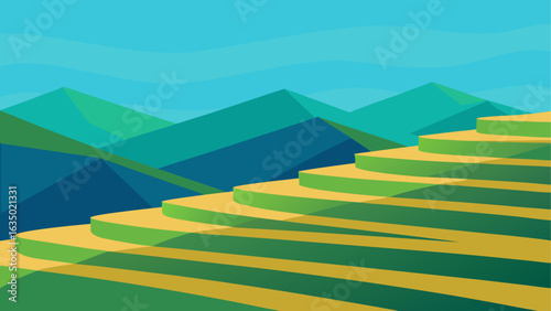 Stylized terraced hillsides under a blue sky