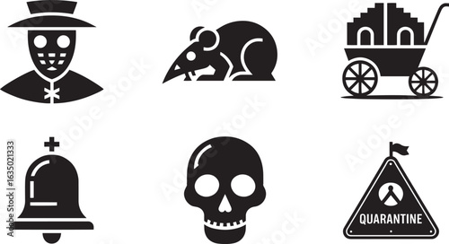 Historical Plague Icons Depicting Disease, Death, and Quarantine Measures in a Graphic Black and White Style