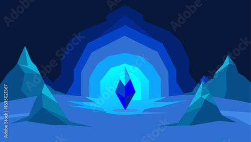 Glowing blue crystal in a dark cave entrance