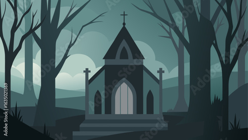 Mysterious gothic chapel in a dark forest